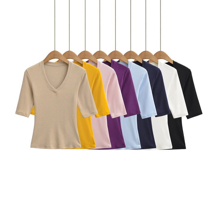 Women's Fitted V-Neck Three-Quarter Sleeve Fine Rib Top made of Stretch Jersey Amarae