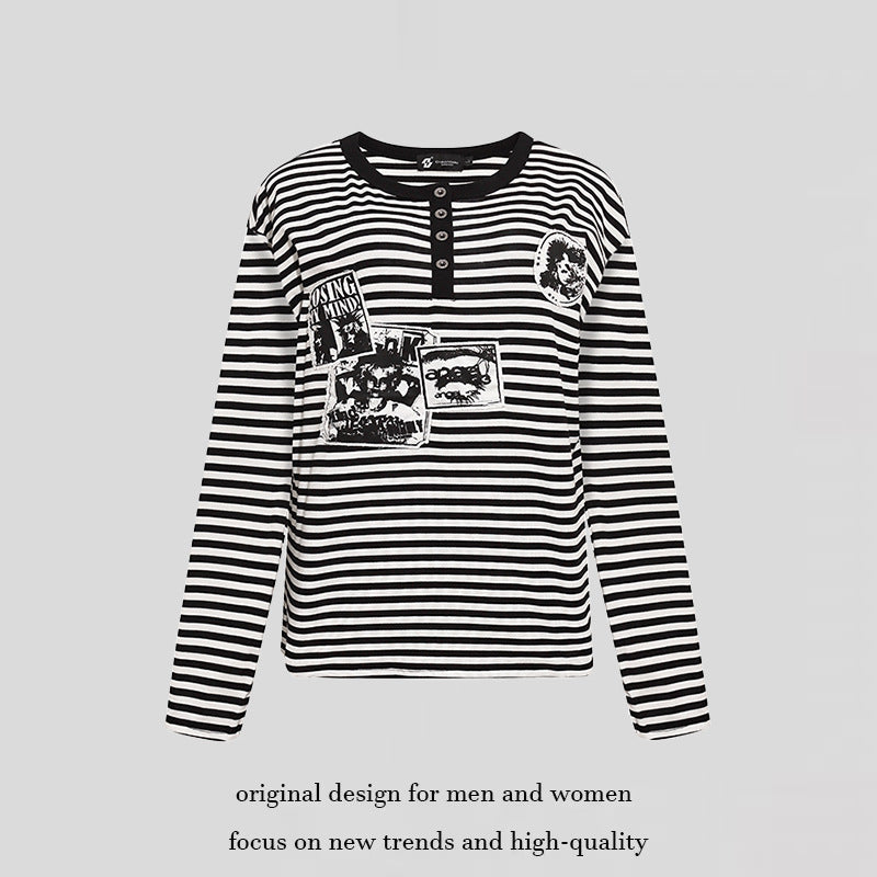Women's Striped Long Sleeve Henley Shirt with Button Placket and Graphic Patches Amarae