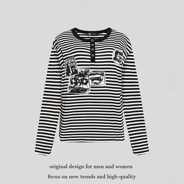 Women's Striped Long Sleeve Henley Shirt with Button Placket and Graphic Patches Amarae