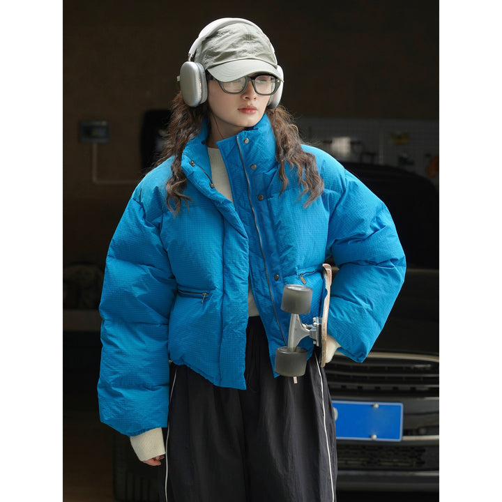 Women's short-cut padded down jacket with high collar and matte nylon surface Amarae