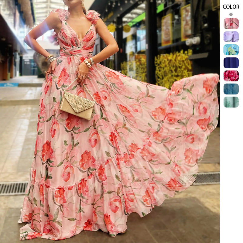 Women's maxi dress with airy ruffle details and extravagant wrap design