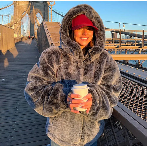 Ladies plush teddy jacket with high collar and practical pockets Amarae