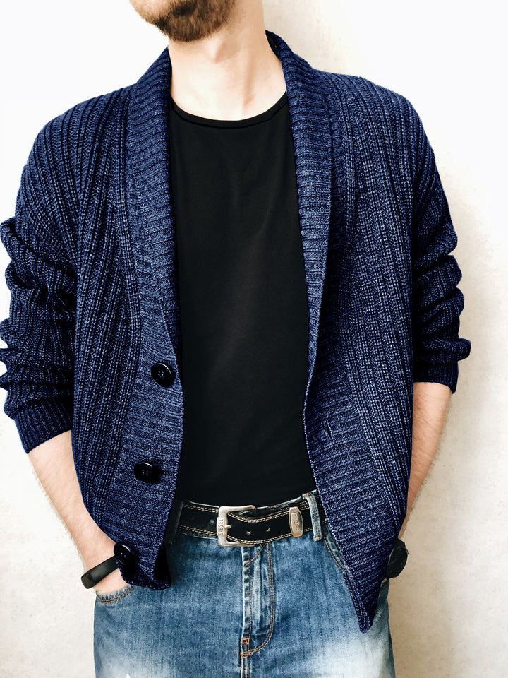 Men's knitted jacket with large collar and decorative buttons Lune London