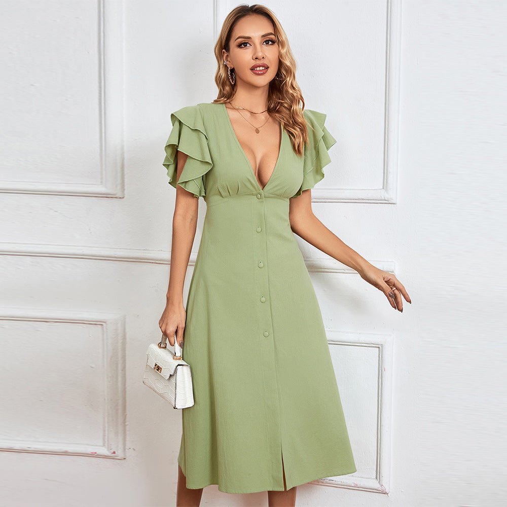 Robe midi élégante pour femmes avec détails en volants et patte de boutonnage Chic & Stil