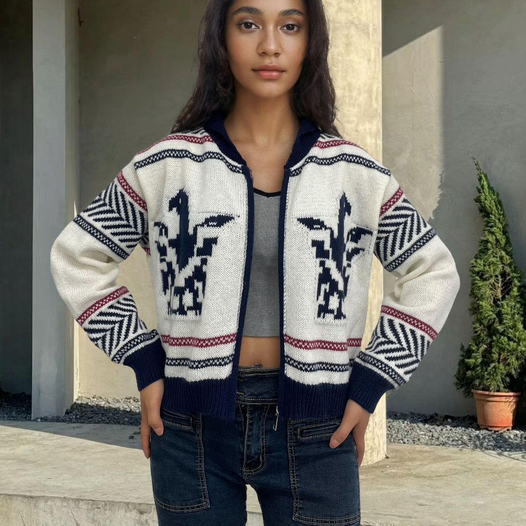 Ladies trendy knitted cardigan with contrasting patterns Lune London
