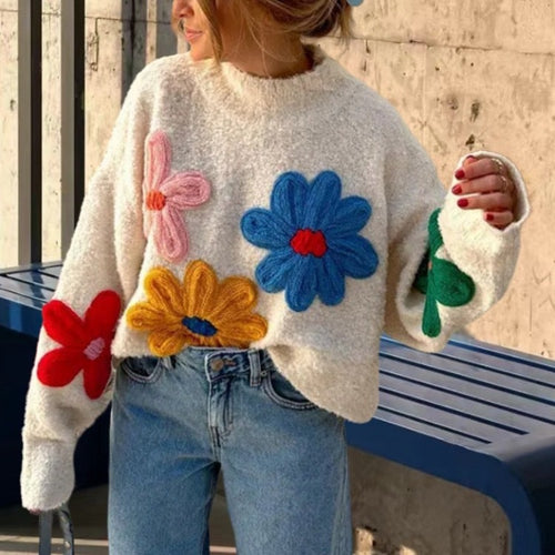 Ladies nice sweater with floral appliqués Amarae
