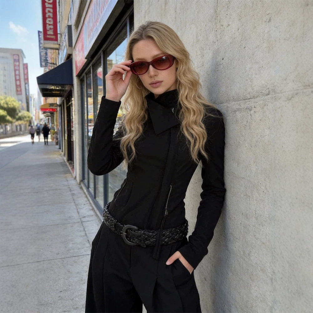 Women Fitted Zip Jacket with Asymmetrical Collar and Figure-Shaping Silhouette Amarae