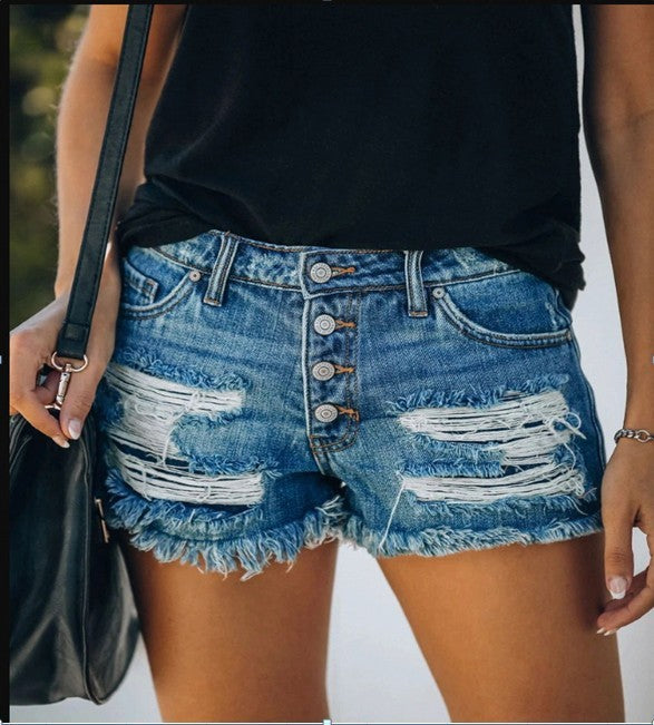 Women's casual destroyed denim shorts with button details and frayed hem Lune London