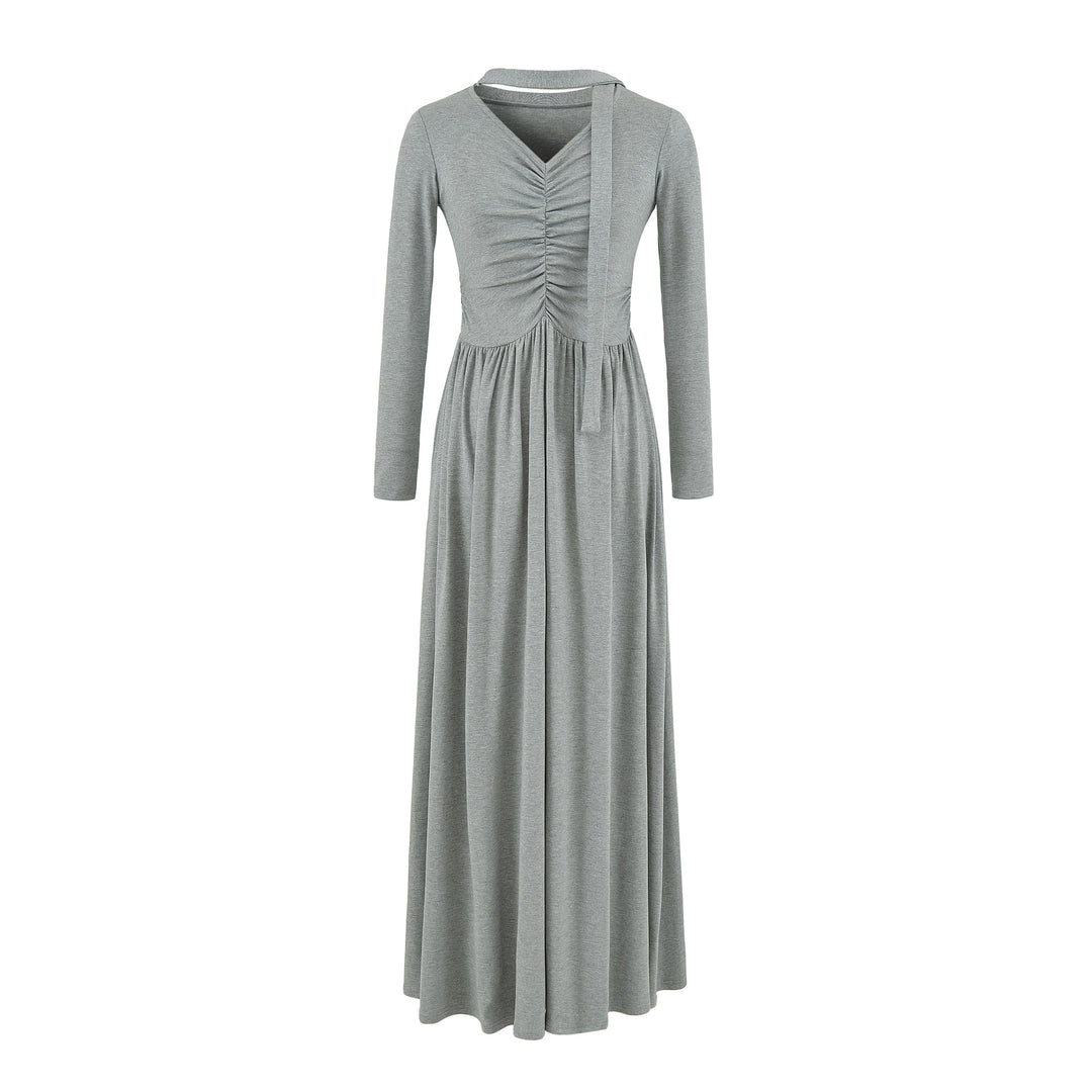 Women Long Jersey Maxi Dress with Gathering, V-Neck and Tied Scarf Amarae