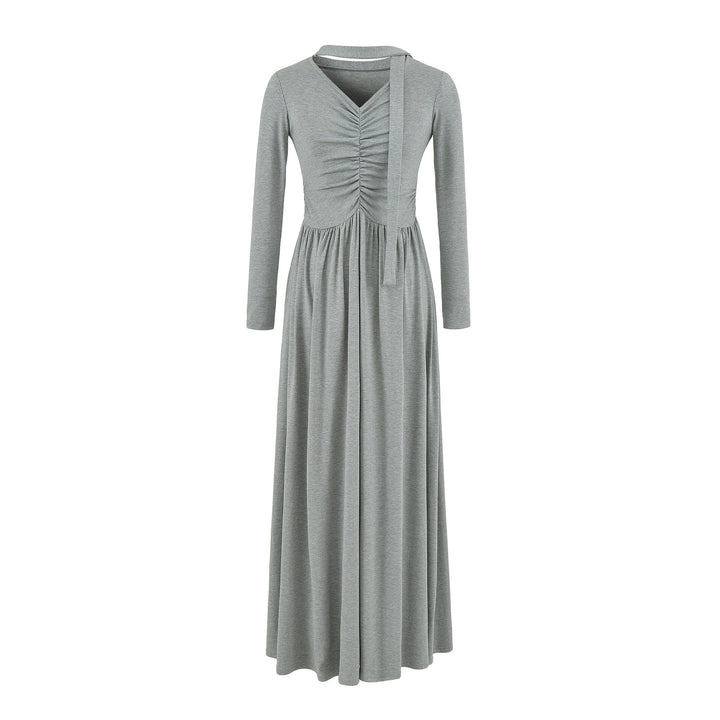 Women Long Jersey Maxi Dress with Gathering, V-Neck and Tied Scarf Amarae