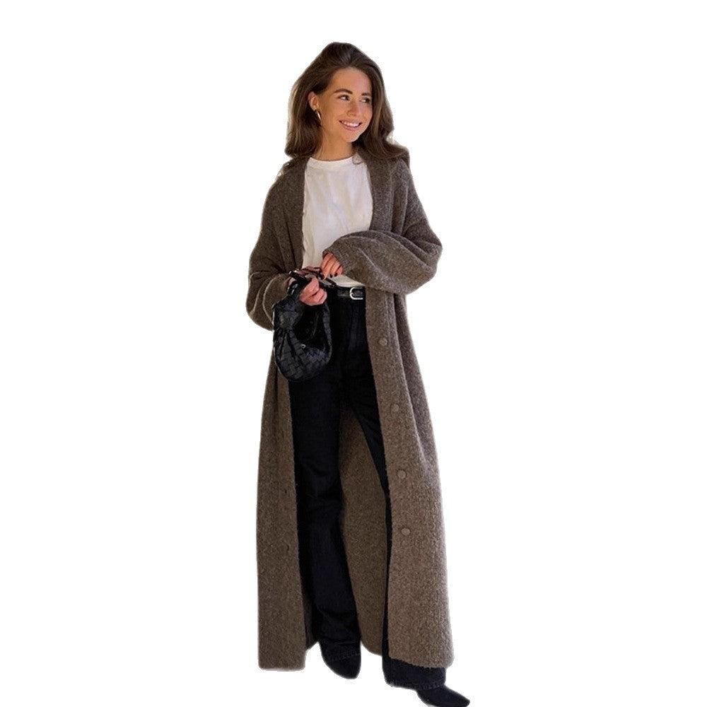Women Maxi Long Knit Coat in Mohair Look with Concealed Button Placket and Loose Silhouette Amarae
