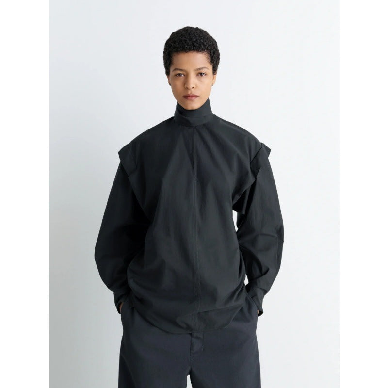 Elegant long sleeve top for women with high collar and modern ruffled sleeves Lune London