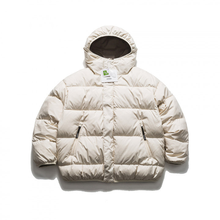 Unisex Short Boxy Puffer Jacket with Oversized Hood, Concealed Front Placket and Zipper Pockets Amarae