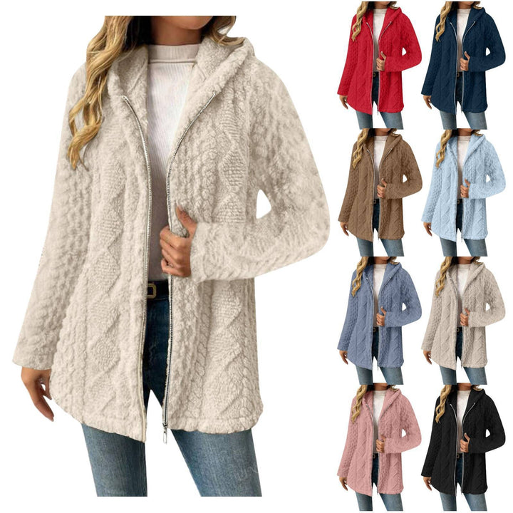 Women's Hooded Sherpa Jacket with Cable Pattern, Medium Length and Two-Way Zipper Amarae