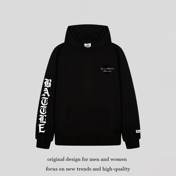 Unisex Oversize Hoodie with Gothic Sleeve Print and Kangaroo Pocket Amarae