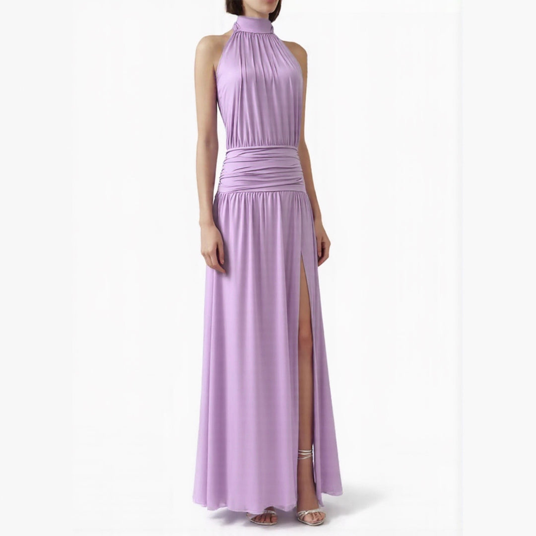 Women Elegant Neck Seam Maxi Dress with Side Slit Lune London