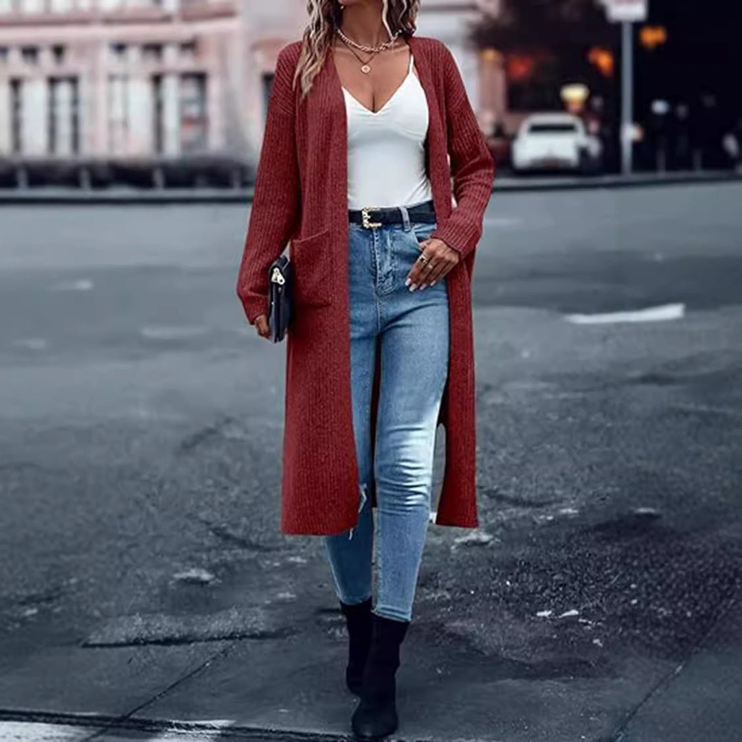 Knitted coat for women with open front parts and practical pockets Lune Londonl