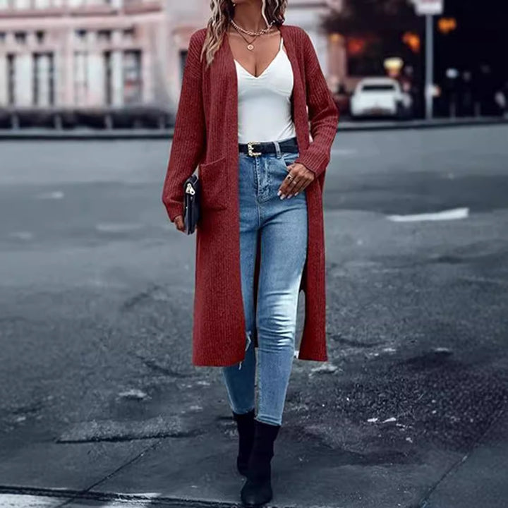 Knitted coat for women with open front parts and practical pockets Lune Londonl