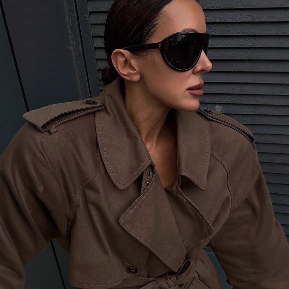 Women's Maxi Length Trench Coat with Emphasized Shoulder Section, Double Button Placket and Tie Belt Amarae