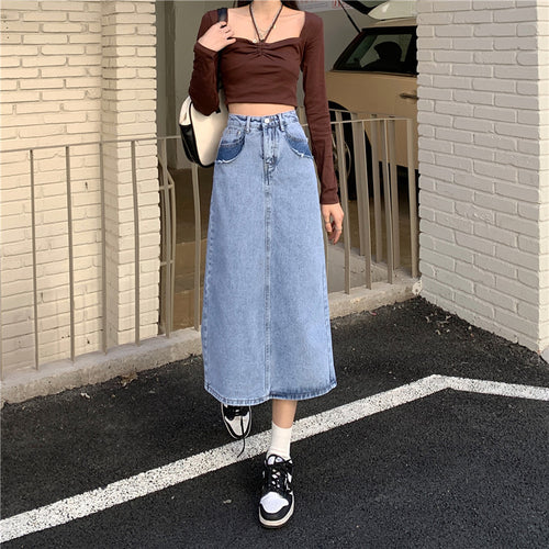 Jupe maxi en denim pour femmes avec taille haute et fente latérale Chic & Stil