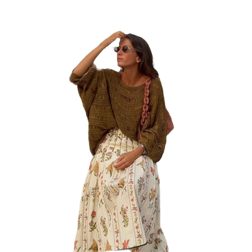 Women Loose Crocheted Poncho Knit Blouse with Wide Boat Neck and Texture Pattern Amarae