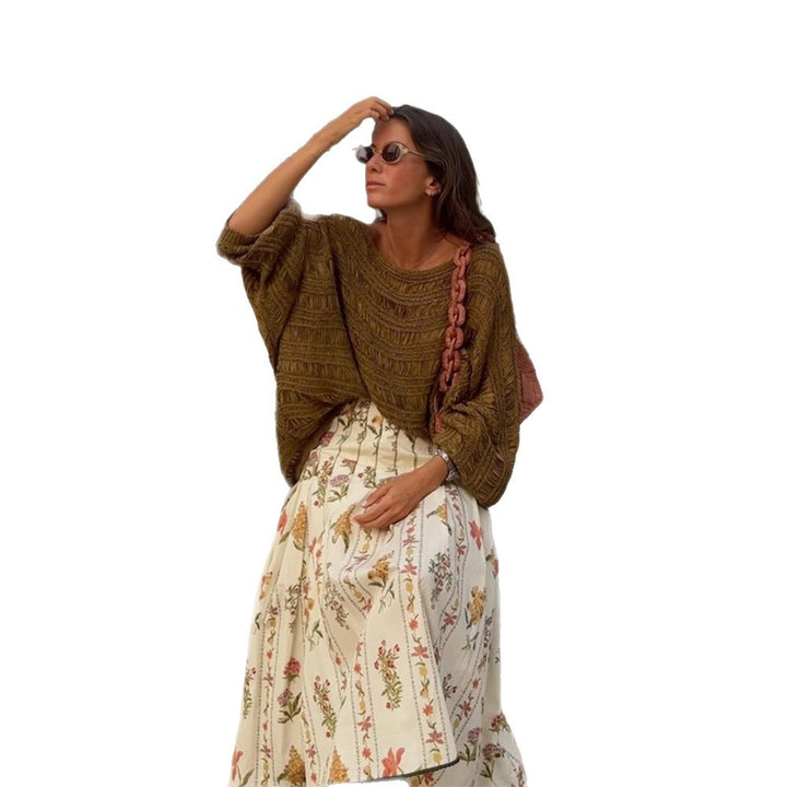 Women Loose Crocheted Poncho Knit Blouse with Wide Boat Neck and Texture Pattern Amarae