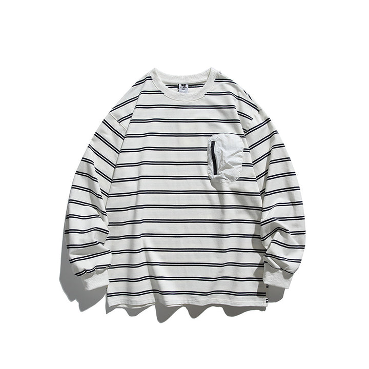 Unisex Oversize Long Sleeve with maritime stripe pattern and functional zippered chest pocket Amarae