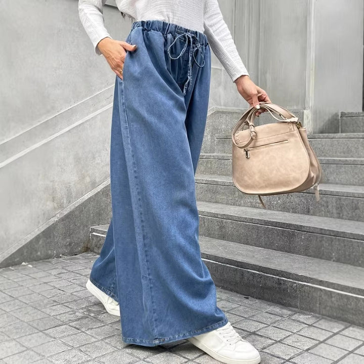 Women's Relaxed Palazzo Jeans with Drawstring Waist, Side Pockets and Extra Wide Leg Amarae
