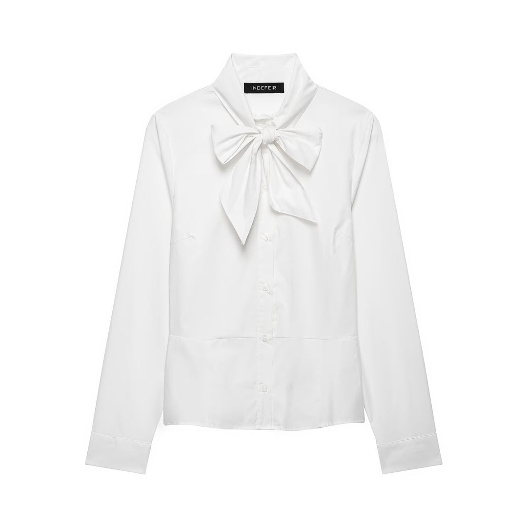 Ladies blouse with bow collar and tailored inset seams Amarae
