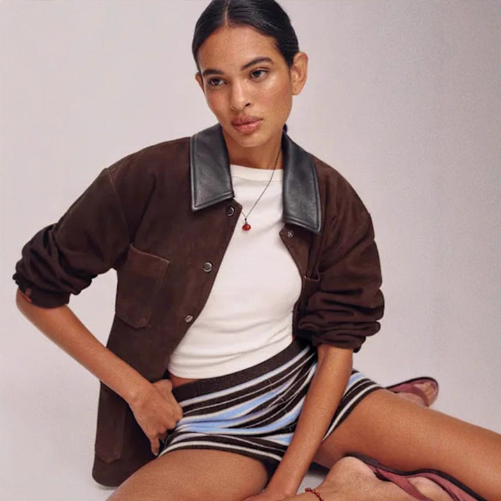 Women's Oversized Utility Jacket in Suede Look with Contrast Collar & Patch Pockets Amarae