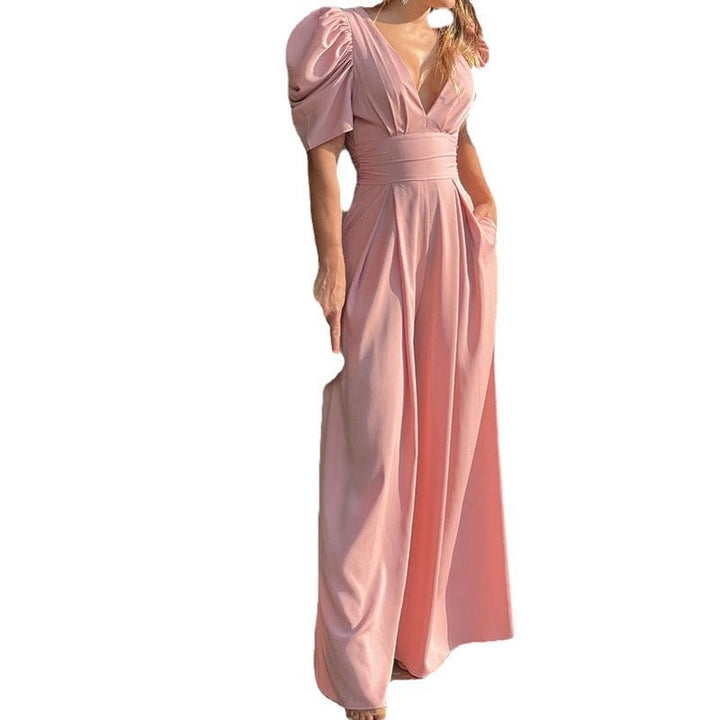 Elegant maxi dress for women with puff sleeves and a deep V-neck Lune London