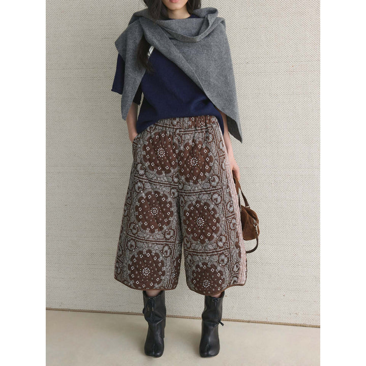Women's Quilted High-Waist Culotte Shorts with Bandana Print and Elastic Waistband Amarae