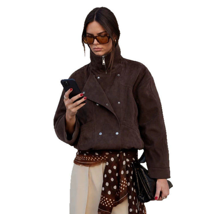 Women's Short Bomber Jacket made of Suede Leather with High Stand-up Collar and Boxy Silhouette Amarae
