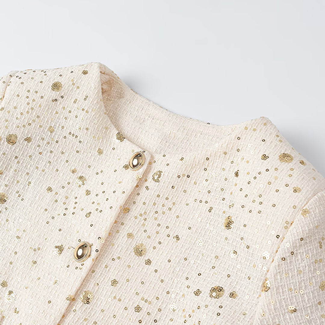 Women's Boucle Cropped Jacket with Sequin Details, Round Neck and Patch Pockets