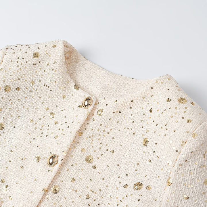 Women's Boucle Cropped Jacket with Sequin Details, Round Neck and Patch Pockets
