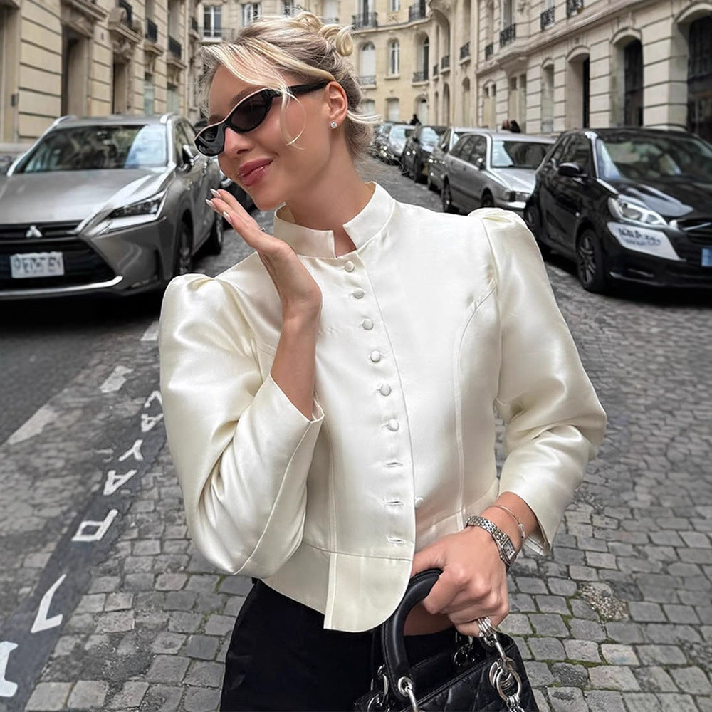 Women Tailored Satin Bolero Jacket with Stand-up Collar & Emphasized Puff Sleeves Amarae