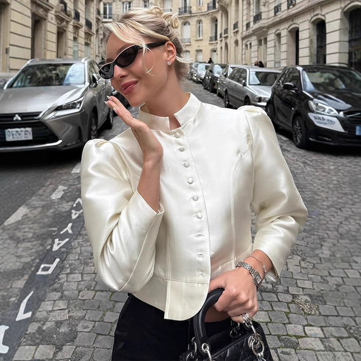 Women Tailored Satin Bolero Jacket with Stand-up Collar & Emphasized Puff Sleeves Amarae