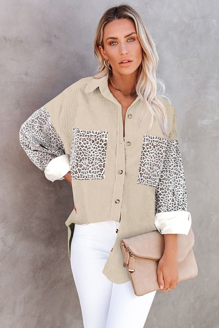Ladies oversized shirt blouse with textured fabric and leopard print inserts Amarae