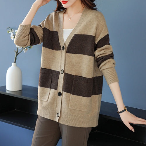 Ladies casual cardigan with wide stripes and patch pockets Amarae