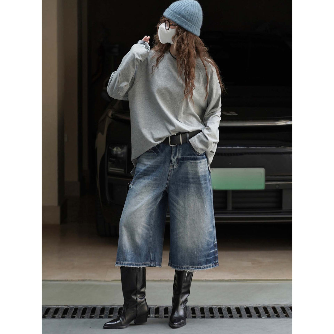 Women's Cropped Denim Culotte with Frayed Hem and Vintage Wash Amarae