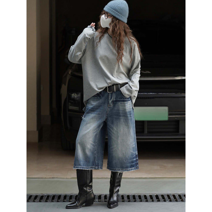 Women's Cropped Denim Culotte with Frayed Hem and Vintage Wash Amarae