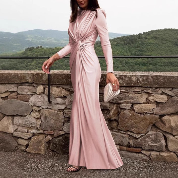 Ladies Elegant Long Dress with Gathered Details and High Collar Lune London