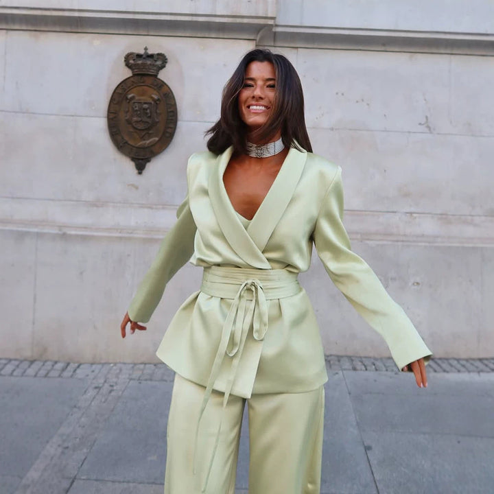 Women's Satin Two-Piece with Fitted Wrap Blazer and Wide Palazzo Pants Amarae