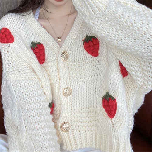 Ladies Chunky Knit Cardigan with Floral Embroidery and Sparkling Buttons Amarae
