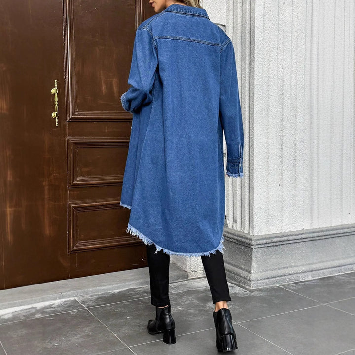 Women's Oversize Denim Shirt Jacket in Longline Cut with Frayed Hem Amarae