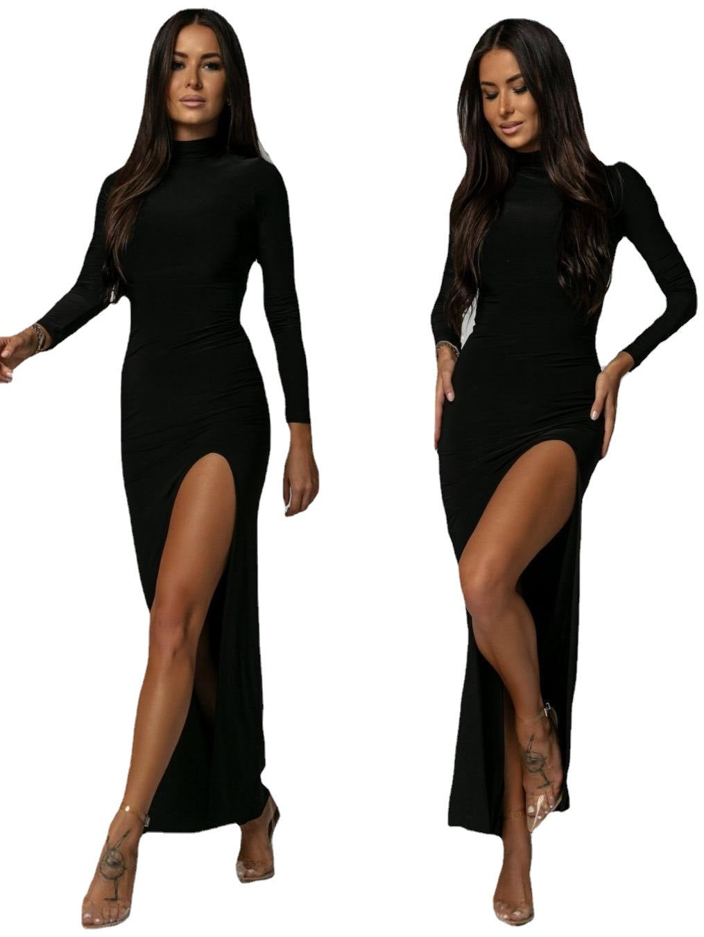 Elegant wrapped maxi dress for women with a modern leopard pattern and a high slit design Lune London