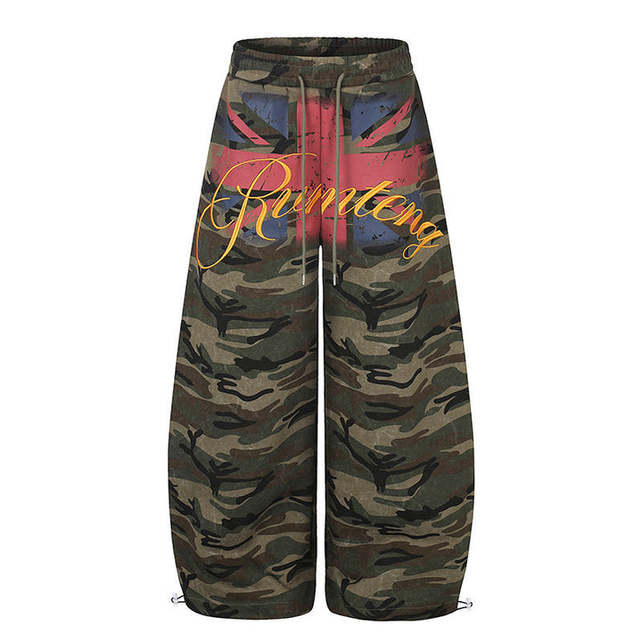 Women Extra Wide Camouflage Palazzo Pants with Drawstring Waist, Cord Drawstring and Adjustable Hem