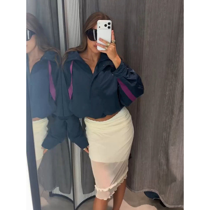 Women's Lightweight Oversized Windbreaker with High Stand-Up Collar and Contrast Stripes Amarae