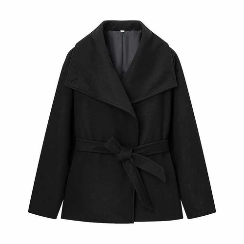 Women elegant wool coat with wide lapels and belt at the waist Amarae
