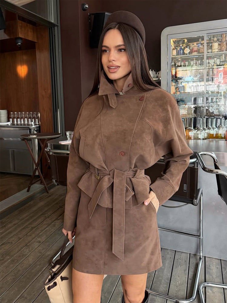 Women's Short Suede Set: Tailored Blouson with Stand Collar & Matching Mini Skirt Amarae